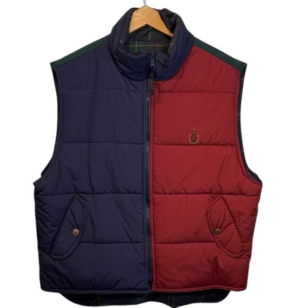 Vintage Bugle Boy Reversible Puffer Vest Navy Red Plaid Ralphcore Men's Size‎ XL
